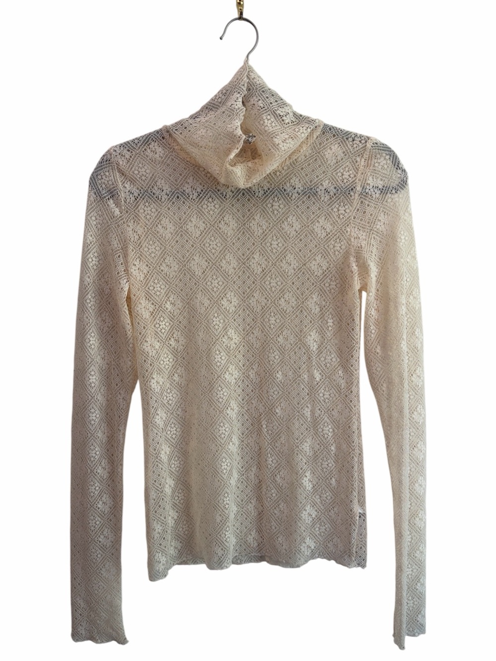 Intimately Free People Sheer Peachy Cream Lace Turtleneck Long-Sleeve Top (M)
